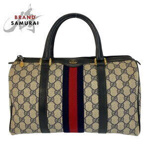 GUCCI Sherry Line Handbag Boston Bag Gray Navy Blue GG Supreme Leather